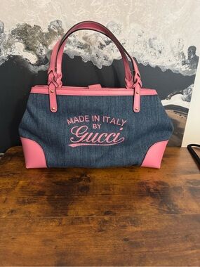 Gucci Denim Tote with Pink Leather Trim